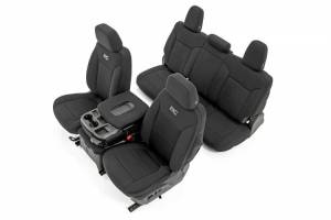 Rough Country - 91037 | Rough Country Neoprene Seat Covers | First & Second Row, With Backseat Storage & Cup Holder (2019-2025 Silverado, Sierra 1500 2WD/4WD)