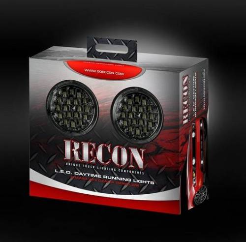 Recon Truck Accessories - 264152BK | RECON LED (DRL) Daytime Running Lights With White LED's & Round Shaped Housing | Smoked Lens