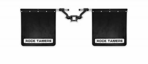 Rock Tamers - 00108 | Rock Tamers Hitch Receiver Mounted 2.0" Hub Mud Flap System | Matte Black/Stainless Steel Trim Plates