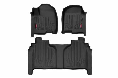 Rough Country - M-21612 | Rough Country Floor Mats Front & Rear (2019-2025 Silverado, Sierra 1500 2WD/4WD | 2020-2025 Silverado, Sierra 2500 HD, 3500 HD 2WD/4WD | Bucket Seats w/ Factory Under Seat Storage)