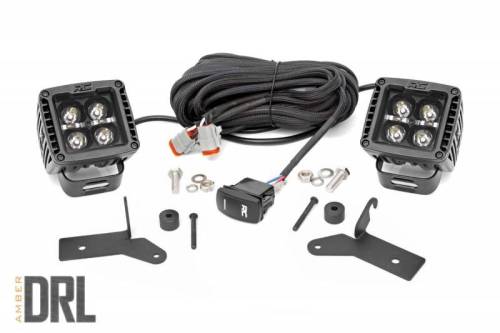 Rough Country - 70052DRLA | Rough Country 2 Inch LED Light Cube & Lower Windshield Kit For Jeep Gladiator JT (2020-2022) / Wrangler 4xe (2021-2023) / Wrangler JL (2018-2023) | Black Series With Amber DRL