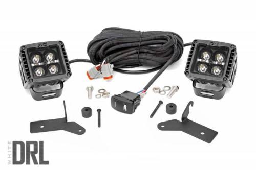 Rough Country - 70052DRL | Rough Country 2 Inch LED Light Cube & Lower Windshield Kit For Jeep Gladiator JT (2020-2022) / Wrangler 4xe (2021-2023) / Wrangler JL (2018-2023) | Black Series With White DRL