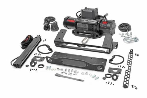 Rough Country - 51099 | Rough Country High Winch Mount For Factory Modular Bumper Ford Bronco 4WD | 2021-2023 | With PRO12000S Winch, Black Series With White DRL Light Bar