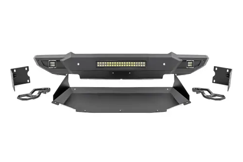 Rough Country - 10808ATH | Rough Country High Clearance Front Bumper With LED Lights & Skid Plate For Ram 1500 | 2019-2023 | With Tow Hooks