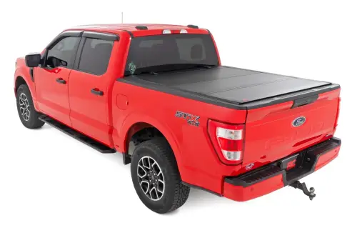 Rough Country - 49221550 | Rough Country Hard Tri-Fold Flip Up Tonneau Bed Cover For Ford F-150 (2021-2023) / F-150 Lightning (2022-2022) | 5'7" Bed