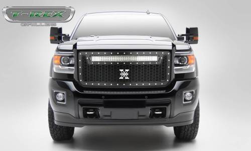 T-Rex Billet - 7312111 | T-Rex Laser Torch Series Grille | Laser Cut Pattern | Mild Steel | Black | Chrome Studs | 1 Pc | Insert