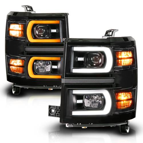 Anzo USA - 111617 | Anzo USA Black Housing Dual Switchback + Sequential LED Tube Square Projector Headlights (2014-2015 Silverado 1500)