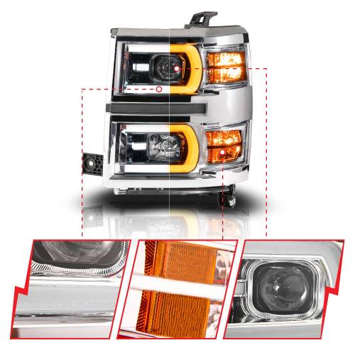 Anzo USA - 111618 | Anzo USA Chrome Housing Dual Switchback + Sequential LED Tube Square Projector Headlights (2014-2015 Silverado 1500)