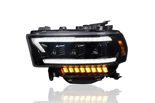 Recon Truck Accessories - 264386BKCS | Recon LED Recon Projector Headlights w/ Ultra High Power Smooth OLED DRL & Scanning Switchback High Power Amber LED Turn Signals - Smoked/Black (2019-2023 Ram 2500, 3500 With OEM Halogen & Standard Reflector Housing)