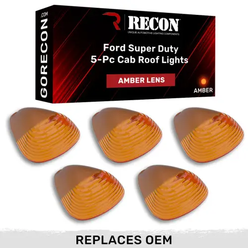 Recon Truck Accessories - 264142AM | Recon 5 Piece Cab Lights Amber Xenon Bulbs with Amber Lens (1999-2016 F250, F350 Super Duty |Replaces OEM factory installed Ford 99-16 cab roof light lenses)