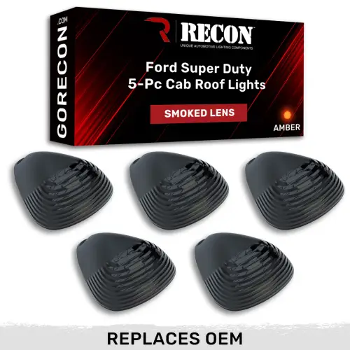 Recon Truck Accessories - 264142BK | Recon 5 Piece Cab Lights Amber Xenon Bulbs with Smoked Lens (1999-2016 F250, F350 Super Duty |Replaces OEM factory installed Ford 99-16 cab roof light lenses)