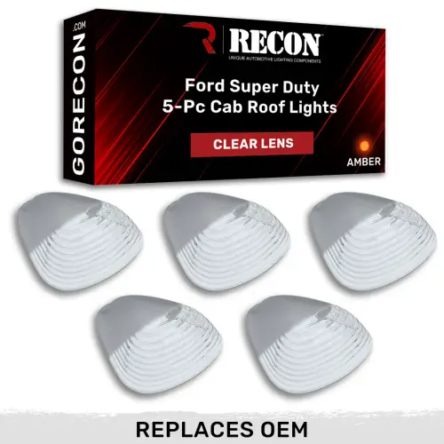 Recon Truck Accessories - 264142CL | Recon 5 Piece Cab Lights Amber Xenon Bulbs with Clear Lens (1999-2016 F250, F350 Super Duty |Replaces OEM factory installed Ford 99-16 cab roof light lenses)