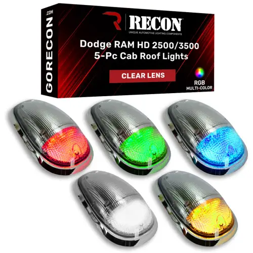 Recon Truck Accessories - 264146CLRGB | Recon 5 Piece Set Clear Cab Roof Light Lens with RGB (Multi-Colored) High-Power LED's (2003-2018 Ram 2500, 3500)