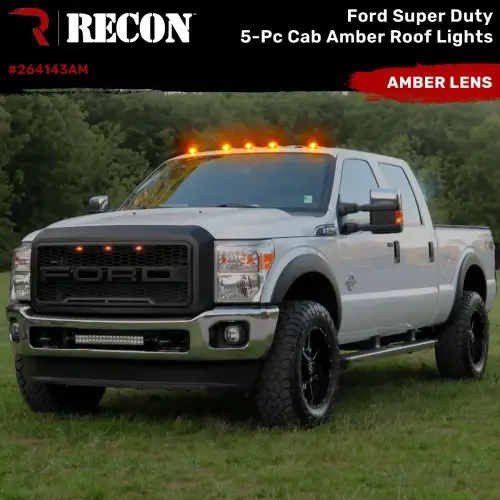 Recon Truck Accessories - 264143AM | Recon 5 Piece Cab Lights LED Amber Lens in Amber LED (1999-2016 F250, F350 Super Duty | DID NOT come with factory installed cab roof lights)