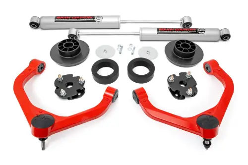 Rough Country - 31230RED | Rough Country 3 Inch Lift Kit Red Upper Control Arms with Strut Spacers & Premium N3 Rear Shocks (2012-2023 Ram 1500 4WD, Classic)