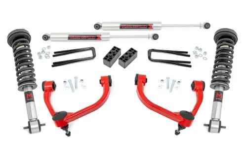 Rough Country - 54540RED | Rough Country 3 Inch Lift Kit For Ford F-150 4WD (2014-2020) | Red Finish, M1 Struts, Rear M1 Shocks