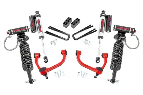 Rough Country - 54550RED | Rough Country 3 Inch Lift Kit For Ford F-150 4WD (2014-2020) | Red Finish, Vertex Coilovers & Shocks