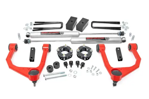 Rough Country - 76830RED | Rough Country 3.5 Inch Lift Kit Toyota Tundra 2/4WD (2007-2021) | Red Finish, Strut Spacers, N3 Shocks