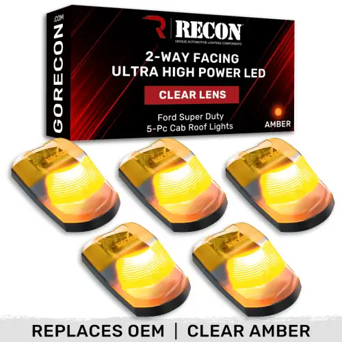 Recon Truck Accessories - 264343CLHPAM | Recon 5 Piece Clear Cab Roof Light Set 2-Way Front  Rear Facing Ultra High-Power Amber LEDs (2017-2022 F250, F350 Super Duty | Replaces OEM factory installed cab roof lights)