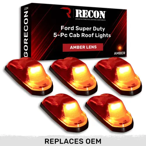 Recon Truck Accessories - 264343AM | Recon 5 Piece Cab Roof Light Set Amber Lens with Amber High-Power LEDs (2017-2022 F250, F350 Super Duty | Replaces OEM factory installed cab roof lights)