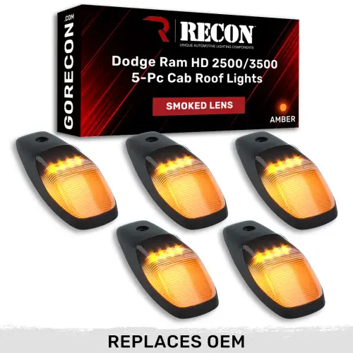 Recon Truck Accessories - 264346BK | Recon 5 Piece Cab Roof Light Set LED Smoked Lens in Amber (2019-2024 Ram 2500, 3500 | Replaces OEM factory installed cab roof lights)