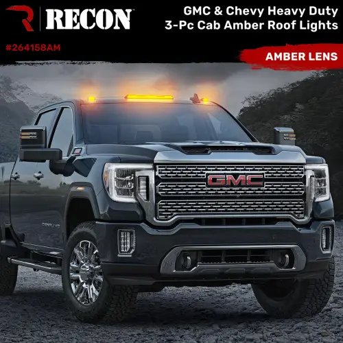 Recon Truck Accessories - 264158AM | Recon 3 Piece Set Amber Cab Roof Light Lens with Amber LED’s (2020-2024 Silverado, Sierra 2500 HD, 3500 HD | Replaces OEM factory installed cab roof lights)