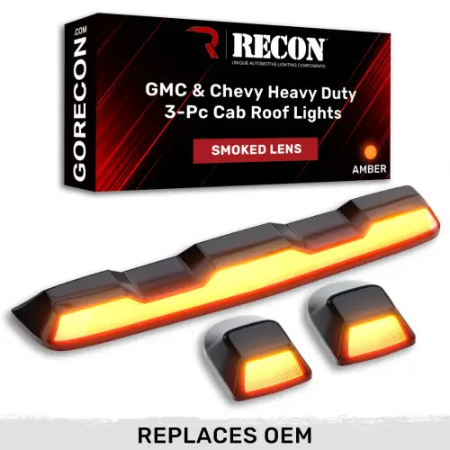 Recon Truck Accessories - 264158BK | Recon 3 Piece Set Smoked Cab Roof Light Lens with Amber LED’s (2020-2024 Silverado, Sierra 2500 HD, 3500 HD | Replaces OEM factory installed cab roof lights)