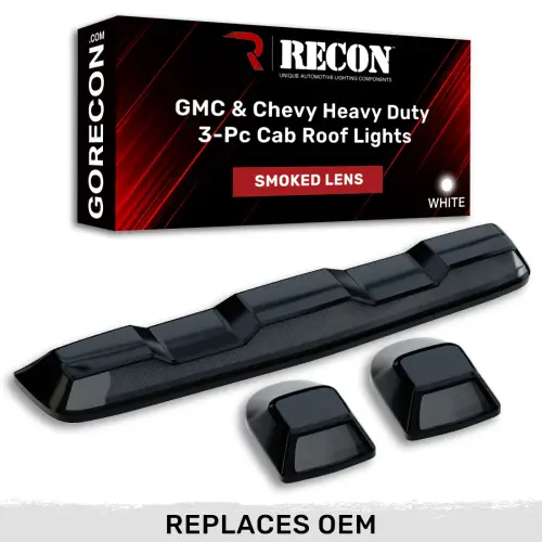 Recon Truck Accessories - 264158WHBK | Recon 3 Piece Set Smoked Cab Roof Light Lens with White LED’s (2020-2024 Silverado, Sierra 2500 HD, 3500 HD |Replaces OEM factory installed cab roof lights)