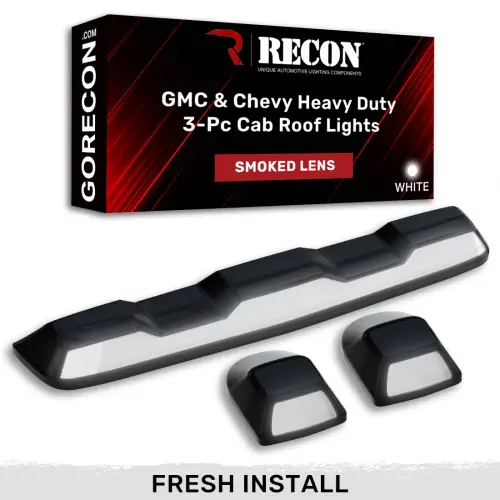 Recon Truck Accessories - 264158XWHBK | Recon 3 Piece Set Smoked Cab Roof Light Lens with White LED’s (2020-2024 Silverado, Sierra 2500 HD, 3500 HD| DID NOT come with factory installed cab roof lights)