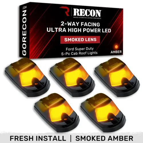 Recon Truck Accessories - 264342BKHPAM | Recon 5 Piece Smoked Cab Roof Light Set 2-Way Front & Rear Facing Ultra High-Power Amber LEDs (2017-2024 F250, F350 Super Duty | DID NOT come with factory installed cab roof lights)