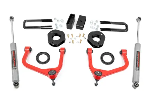 Rough Country - 22630RED | Rough Country 3.5 Inch Lift Kit For GMC Sierra 1500 2WD/4WD (2019-2024) | Red Finish, Rear Factory Multi-Leaf Spring, Strut Spacers With N3 Rear Shocks