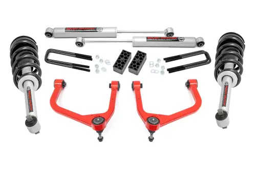 Rough Country - 22631RED | Rough Country 3.5 Inch Lift Kit For GMC Sierra 1500 2WD/4WD (2019-2024) | Red Finish, Rear Factory Multi-Leaf Spring, N3 Struts With N3 Rear Shocks