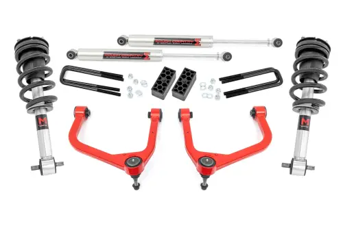 Rough Country - 22640RED | Rough Country 3.5 Inch Lift Kit For GMC Sierra 1500 2WD/4WD (2019-2024) | Red Finish, Rear Factory Multi-Leaf Spring, M1 Struts With M1 Rear Shocks