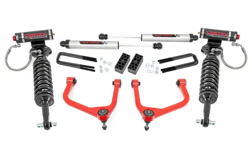 Rough Country - 22657RED | Rough Country 3.5 Inch Lift Kit For GMC Sierra 1500 2WD/4WD (2019-2024) | Red Finish, Rear Factory Multi-Leaf Spring, Vertex Coilovers With V2 Rear Shocks