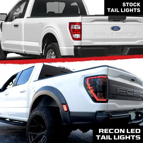 Recon Truck Accessories - 264568BK | Recon (Replaces OEM HALOGEN w/ Blind Spot Warning System) Start-Up Light Sequence OLED TAIL LIGHTS in Smoked (2021-2023 F150 & Raptor)