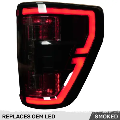 Recon Truck Accessories - 264568LEDBK | Recon (Replaces OEM LED w/ Blind Spot Warning System aka BLIS) OLED TAIL LIGHTS in Smoked (2021-2023 F150 & Raptor)