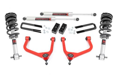 Rough Country - 29540RED | Rough Country 3.5 Inch Lift Kit With Red Control Arms M1 Struts / M1 Rear Shocks (2019-2025 Silverado 1500 2WD/4WD | Multi Leaf Springs)