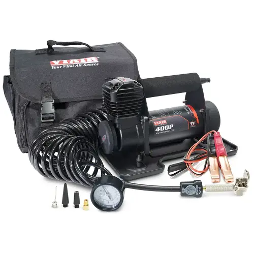 VIAIR - 40143 | VIAIR 400P EF Portable Compressor / Tire Inflator With Inline 100 PSI Gauge Air Hose | 150 PSI, 12 Volt Power Battery Clamps With 2-Pin SAE Connector