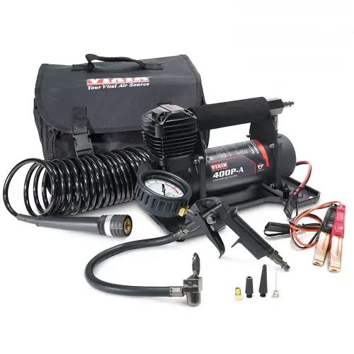 VIAIR - 40145 | VIAIR 400P EF Automatic Portable Compressor / Tire Inflator With Inline 160 PSI Gauge Inflation Gun | 150 PSI, 12 Volt Power Battery Clamps With 2-Pin SAE Connector