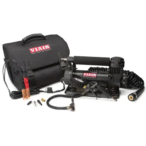 VIAIR - 45044 | VIAIR 450P Automatic Portable Compressor / Tire Inflator In Stealth Black With Inline 160 PSI Gauge Inflation Gun | 150 PSI, 12 Volt Power Battery Clamps