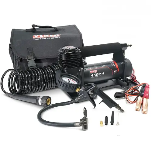 VIAIR - 45144 | VIAIR 450P EF Automatic Portable Compressor / Tire Inflator With Inline 160 PSI Gauge Inflation Gun | 150 PSI, 12 Volt Power Battery Clamps With 2-Pin SAE Power Connector