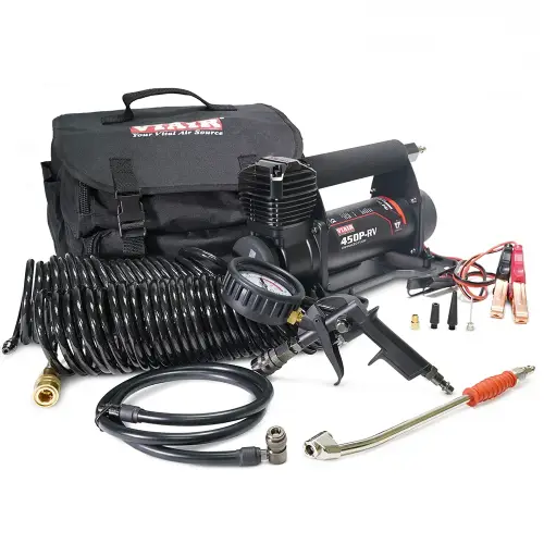 VIAIR - 45157 | VIAIR 450P-RV EF Automatic Portable Compressor / Tire Inflator With Inline 160 PSI Gauge Inflation Gun | 150 PSI, 12 Volt Power Battery Clamps With 2-Pin SAE Power Connector