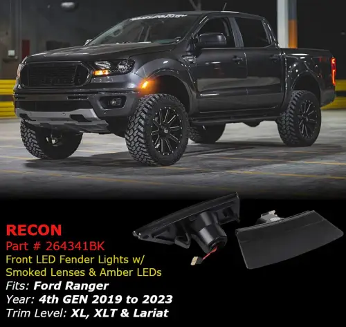 Recon Truck Accessories - 264341BK | Recon Front Fender Light Kit Amber LED Running Lights in Smoked (2019-2023 Ranger