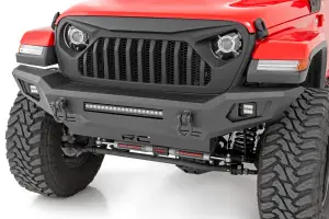 10635 | Rough Country Front Bumper & Skid Plate With Flush Mount LED Pods & LED Light Bar For Jeep Gladiator JT / Wrangler 4xe, JK & JL Unlimited | 2018-2023