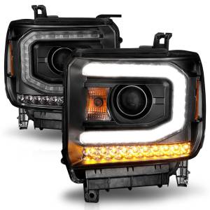 111513 | Anzo USA Projector Headlights w/ Light Bar Black (2014-2015 Sierra 1500 | 2015-2019 Sierra 2500 HD, 3500 HD)