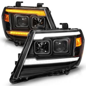 111597 | Anzo USA Dual Square Projector Black Headlight w/sequential+switchback LED Bar DRL (2009-2021 Frontier)