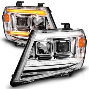 111598 | Anzo USA Dual Square Projector Chrome Headlight w/sequential+switchback LED Bar DRL (2009-2021 Frontier)