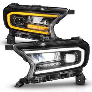111613 | Anzo USA Full LED Black Housing w/DRL & Initiation Feature Sequential Signal Square Projector Headlights (2019-2023 Ranger)