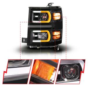 Anzo USA - 111617 | Anzo USA Black Housing Dual Switchback + Sequential LED Tube Square Projector Headlights (2014-2015 Silverado 1500) - Image 2