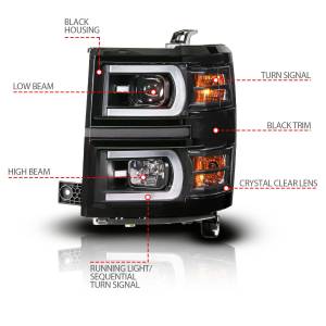 Anzo USA - 111617 | Anzo USA Black Housing Dual Switchback + Sequential LED Tube Square Projector Headlights (2014-2015 Silverado 1500) - Image 4